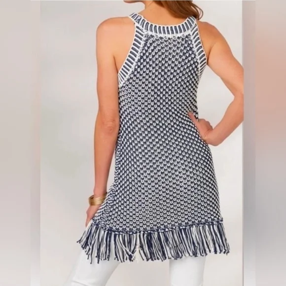 SOFT SURROUNDINGS Bambado Fringe Halter Tank Top Navy White Knit LARGE MiniDress - Picture 2 of 13